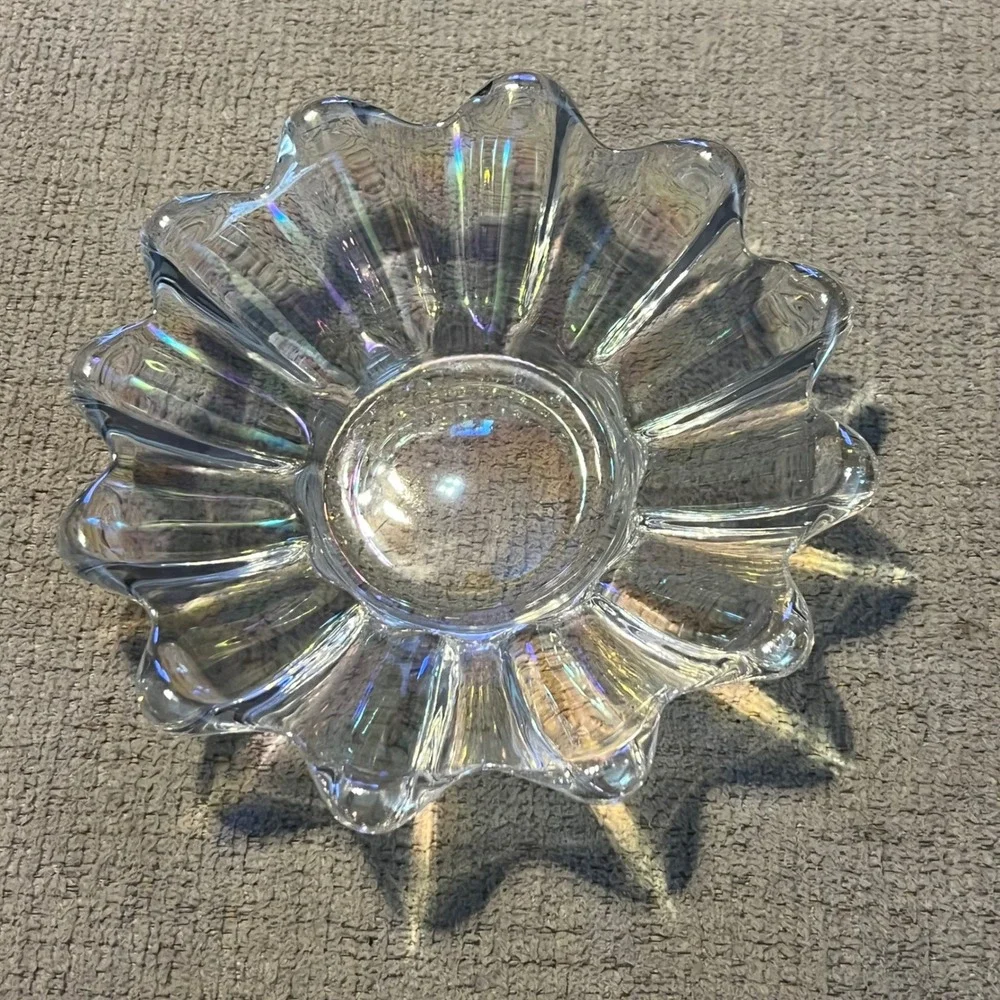Vintage Iridescent Clear Glass Scalloped Flower Bowl 6 Inch Candy Dish Catchall